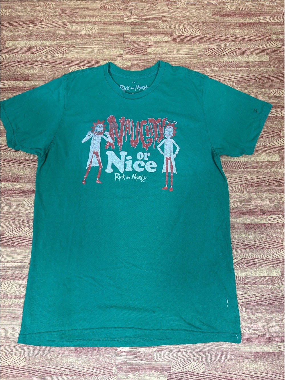 Rick and Morty Naughty or Nice Green T-Shirt Large Distressed Adult Swim